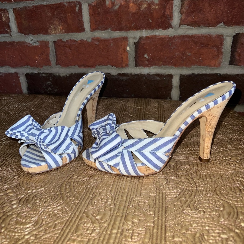 Cute blue and white striped sandals with cork heels